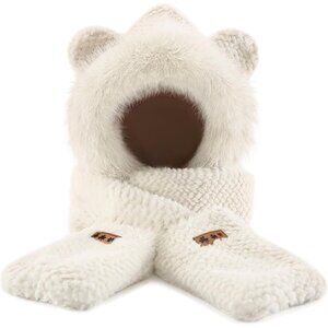 Women's White Hooded Scarf Cute Bear Ear Hat Faux Fur Gloves Set Soft